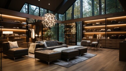 A modern, spacious walk-in closet with a leather sofa and ottomans, wooden shelves, and large windows overlooking a forest.
