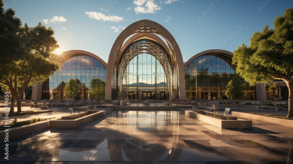 Poster a modern building with a large glass facade and a reflecting pool in front of it. the sun is setting