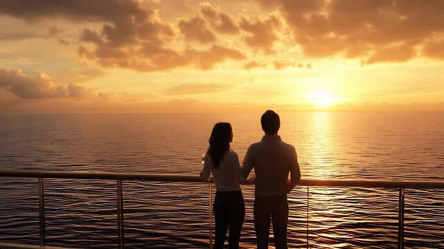 Romantic Sunset on Cruise Ship. Couple Embracing on Deck, Watching Golden Horizon Over Serene Ocean Waters. Video made using Generative AI