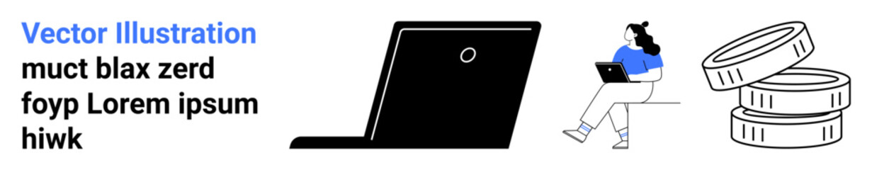 Laptop, woman working on laptop, and stack of coins. Ideal for work from home, digital nomad, online business, remote work, financial planning, technology integration, freelancing. Landing page