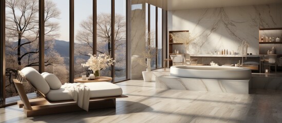 Luxurious bathroom with a bathtub, a lounge chair, and a panoramic view of a forest.