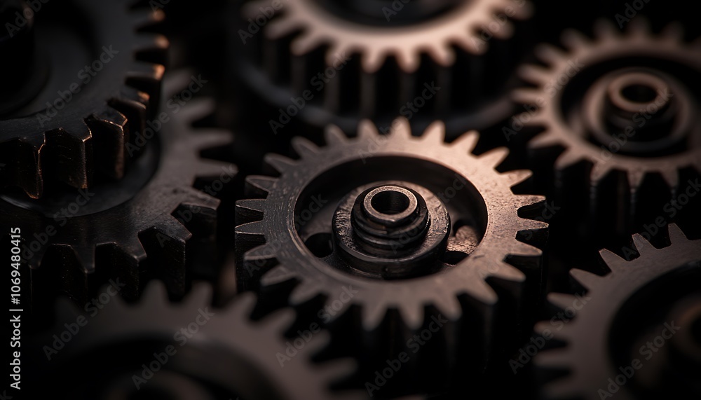 Fototapete A close-up of interlocking gears, showcasing their intricate design and texture against a dark background, emphasizing mechanical precision and functionality.