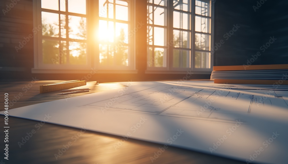 Poster a sunlit workspace features blueprints on a table, illuminated by warm sunlight streaming through la