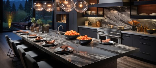 A modern kitchen with a long, sleek island countertop 