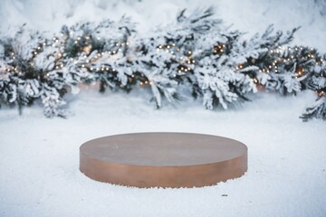 Winter Wonderland Product Display with Snowy Pine Branches and Golden Podium