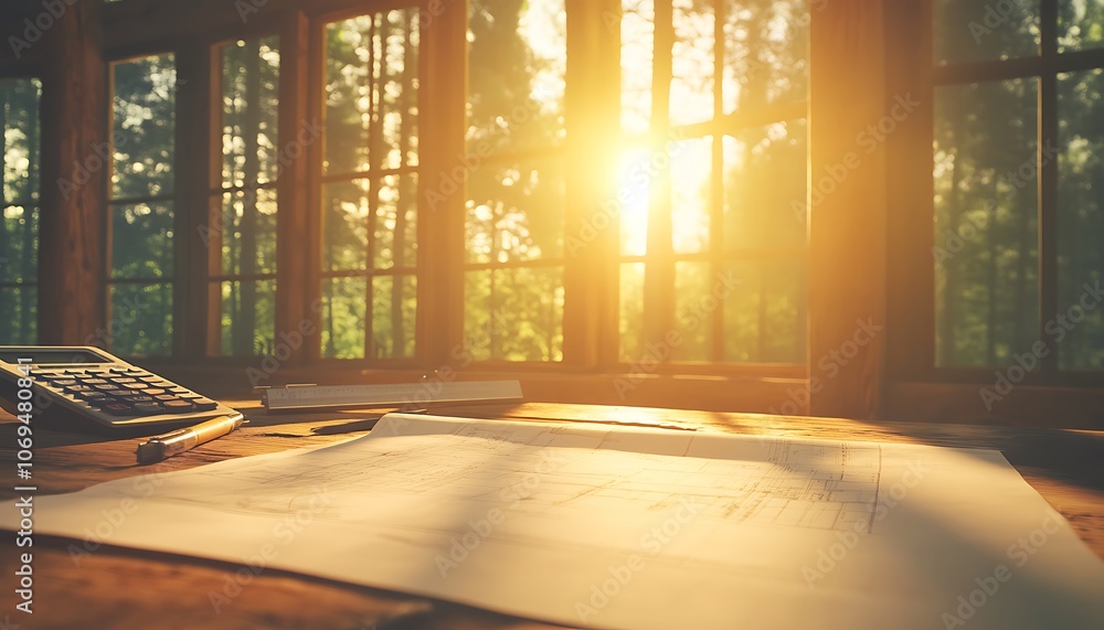 Fototapete a warm sunset filters through large windows, illuminating a workspace with scattered papers and a ca