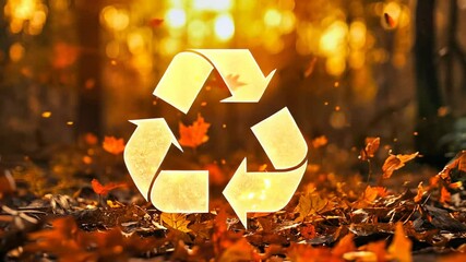 A luminous recycle symbol shines brightly on a forest floor covered with autumn leaves during sunset, evoking a mood of environmental awareness and seasonal change. - Powered by Adobe