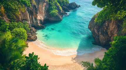 Fototapeta premium Top-down perspective of a picturesque beach with crystal-clear water, fine white sand, and smooth waves, framed by tropical vegetation and dramatic rocky outcrops.