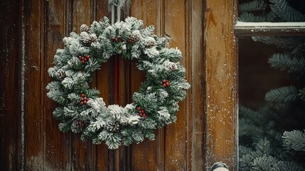 Snow-covered Christmas wreath adorning a rustic wooden door in winter
