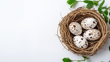 Obraz premium Bird Nest with Speckled Eggs on White Background, Natural and Organic Spring Theme