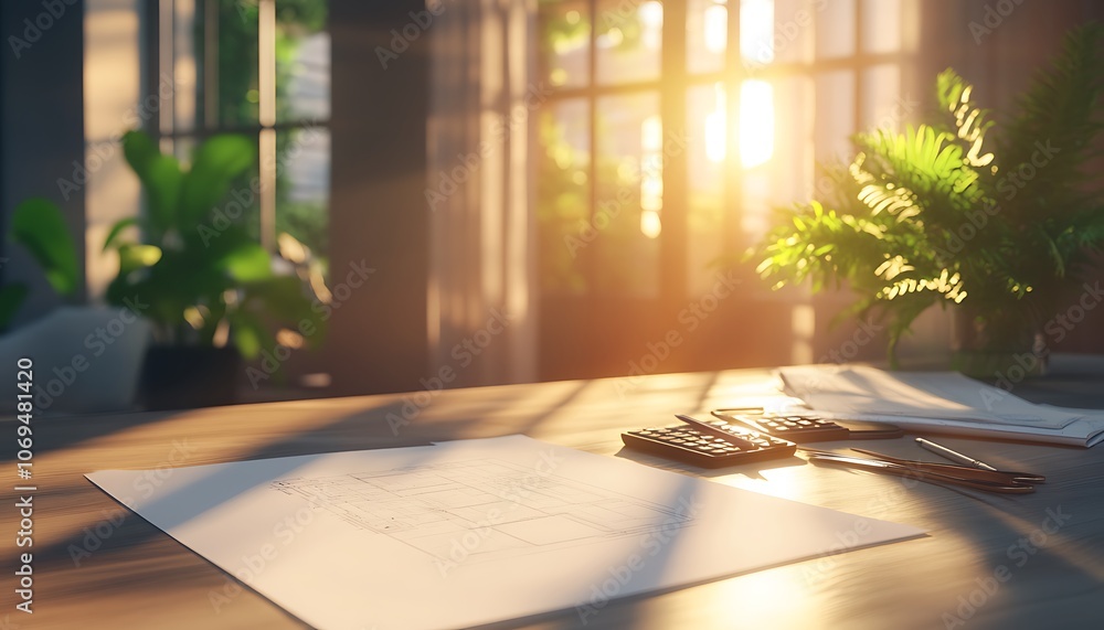 Poster a serene workspace bathed in golden sunlight, featuring a blank sheet of paper and a calculator, enh