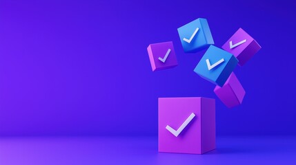 Colorful Checkmarked Cubes on Vibrant Background, Symbolizing Completed Tasks or Approval