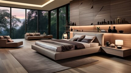 A spacious bedroom with a large bed, a plush rug, and large windows overlooking a forest. The room is decorated in a modern style with wood paneling and sleek furniture. 