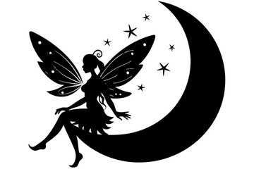 Beautiful fairy silhouette, sitting on the moon, isolated on a white background