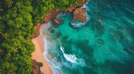 A top-down view of a coastal scene with turquoise waves crashing on rocky outcrops, revealing hidden sandy beaches and peaceful coves along the dramatic shoreline.