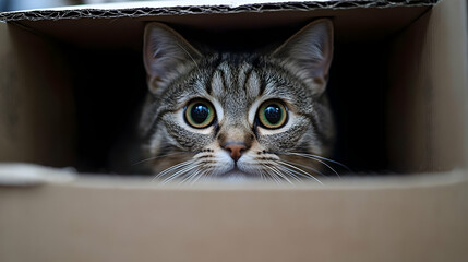 Tabby Cat Peeking Out of Cardboard Box - Photo