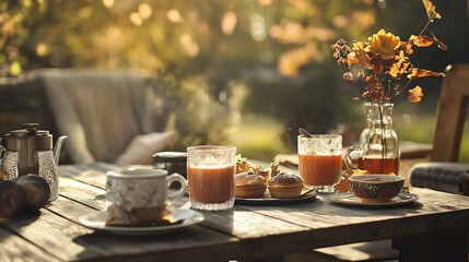 An autumn-themed brunch with friends enjoying warm drinks and seasonal pastries outdoors.