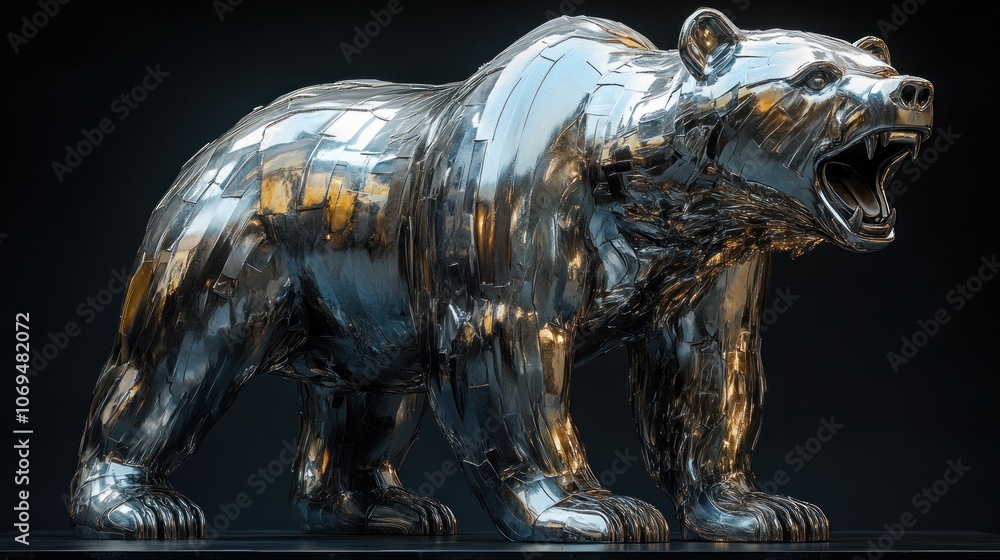 Poster a 3d rendering of a metallic silver bear with a fierce expression, standing on a dark background.