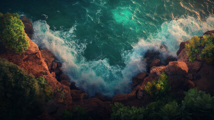 Obraz premium A top-down view of a rugged coastline, with turquoise waters crashing onto rocky outcrops, revealing secluded beaches and tranquil coves nestled between cliffs.