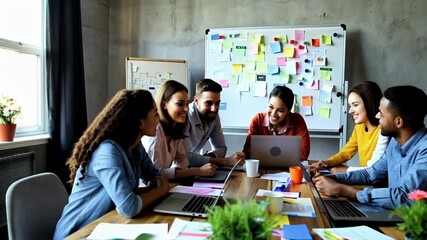 Team in a Brainstorming Session: Five team members sit around a wooden table in a meeting room filled with natural light.