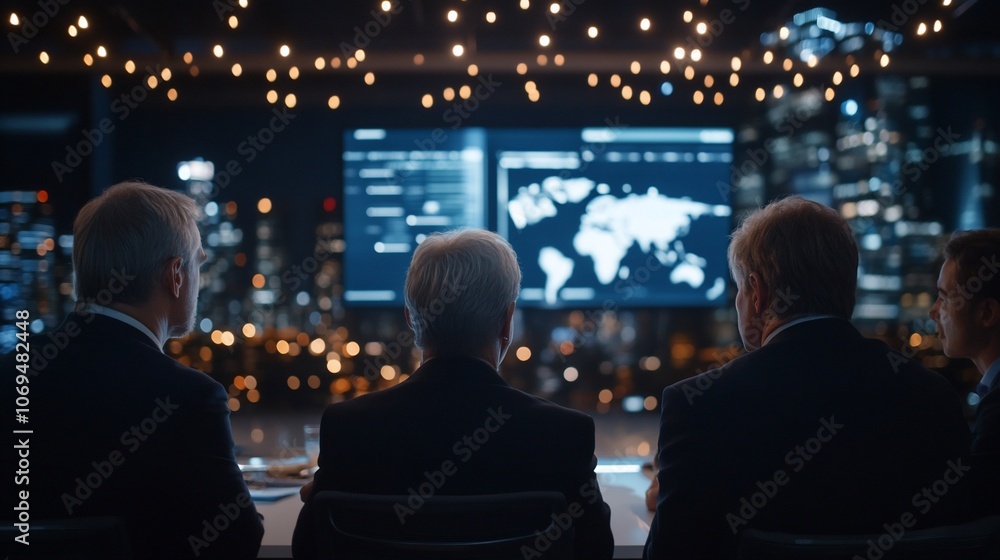 Poster businessmen looking at a large screen showing a world map with data and charts.