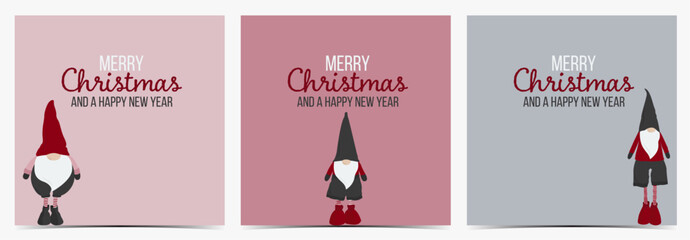 Merry Christmas, happy new year minimalist greeting card set with cute Christmas elves, gnomes on pink and blue background, vector illustration	