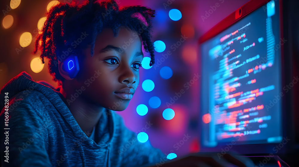 Poster focused young programmer looking at computer screen - illustration