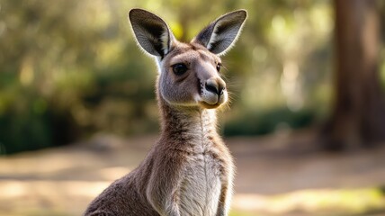 Obraz premium Young kangaroo stands in sunlit forest with curious expression