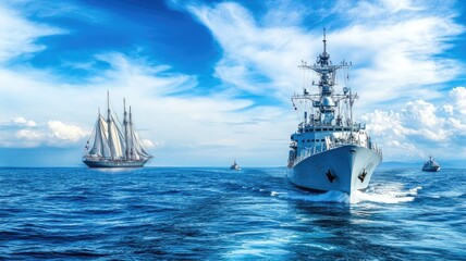 Modern naval warship and historical sailing ship traversing ocean