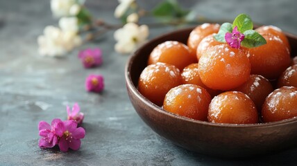 Delicious round sweet treats garnished with flowers in bowl