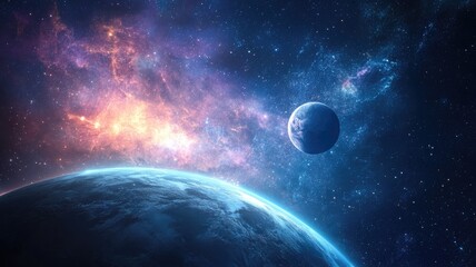 Stunning space scene with two planets and nebulae in background Deep colors