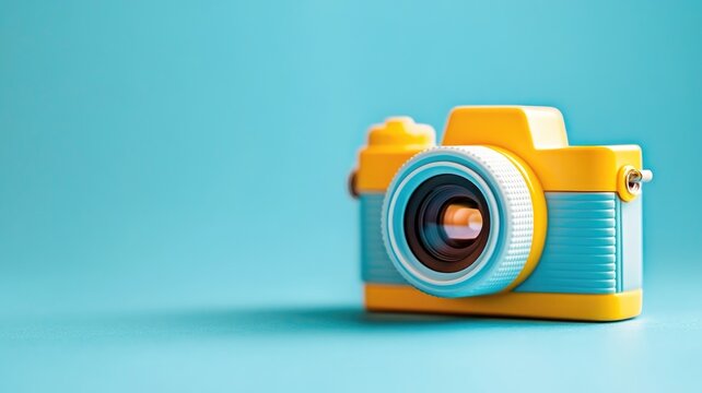 Vintage yellow and blue camera on turquoise background