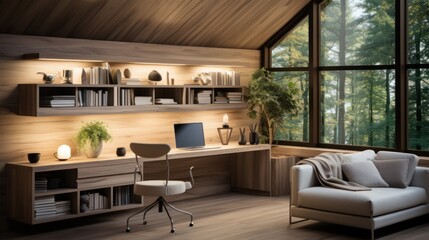A cozy home office with a large window overlooking a forest, featuring a desk with a laptop, a comfortable couch, and a bookshelf.
