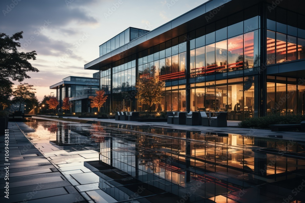 Aufkleber a modern office building with a reflecting pool in front of it at dusk.