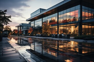 Obraz premium A modern office building with a reflecting pool in front of it at dusk.