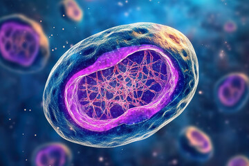 Microscopic view of a cell showcasing its nucleus and organized DNA structure