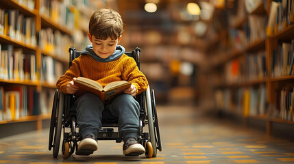 Boy Reading in a Library with Bookshelves