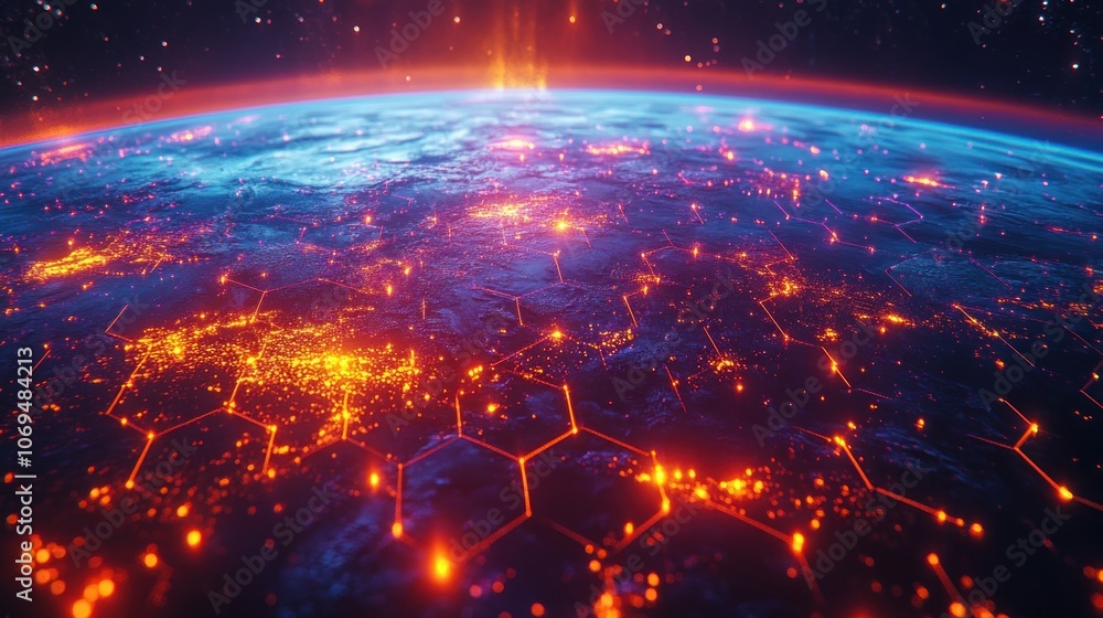 Poster a futuristic depiction of earth with glowing hexagonal patterns and city lights, representing global