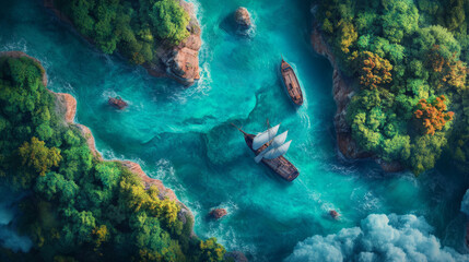 Fototapeta premium A bird-eye view of the ocean vibrant patterns, turquoise blending with deeper blues, scattered islands, and distant ships adding serenity to the vast maritime scene.