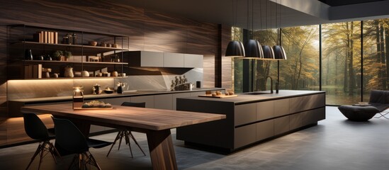 Modern kitchen with wooden table, chairs, and island in a contemporary home with large windows looking out to a forest.