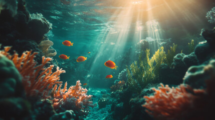 Fototapeta premium A vibrant coral reef with a variety of colorful fish gliding between corals, sunlight streaming through the clear blue water to highlight the reef rich colors.