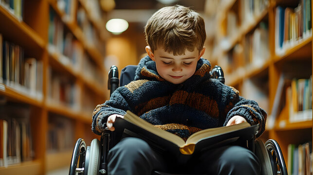 Boy in Wheelchair Reading Book in Library Illustration - Powered by Adobe