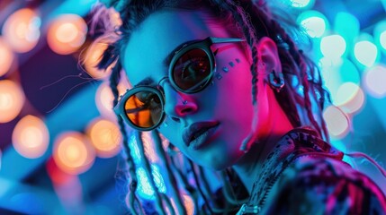 Cyberpunk woman with dreadlocks hairstyle and cool sunglasses, AI generated image