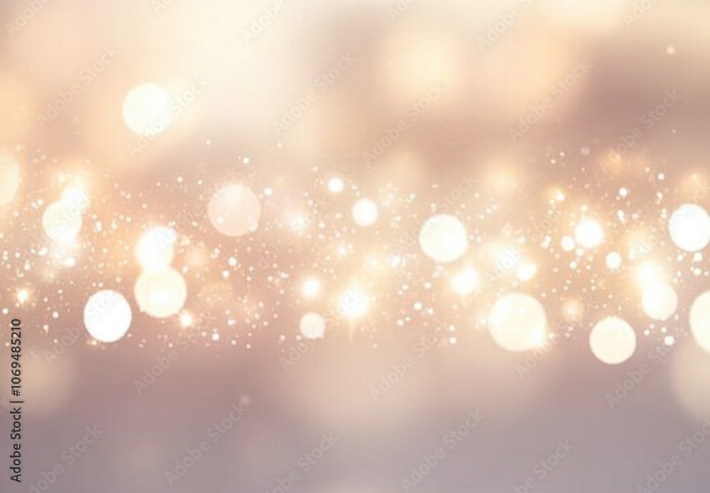 Poster glowing bokeh lights background with soft light and sparkling sparkles on a blurred, pastel beige co