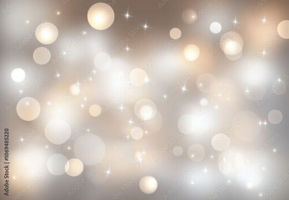 Poster A soft, blurred background with twinkling stars and bokeh lights in beige tones, creating an elegant atmosphere for text or design elements. Light gray background adds depth to the overall composition