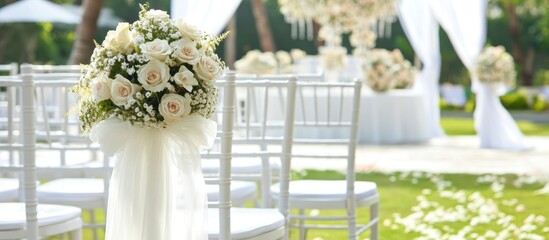 Wedding Ceremony Setup with White Flowers and Chairs