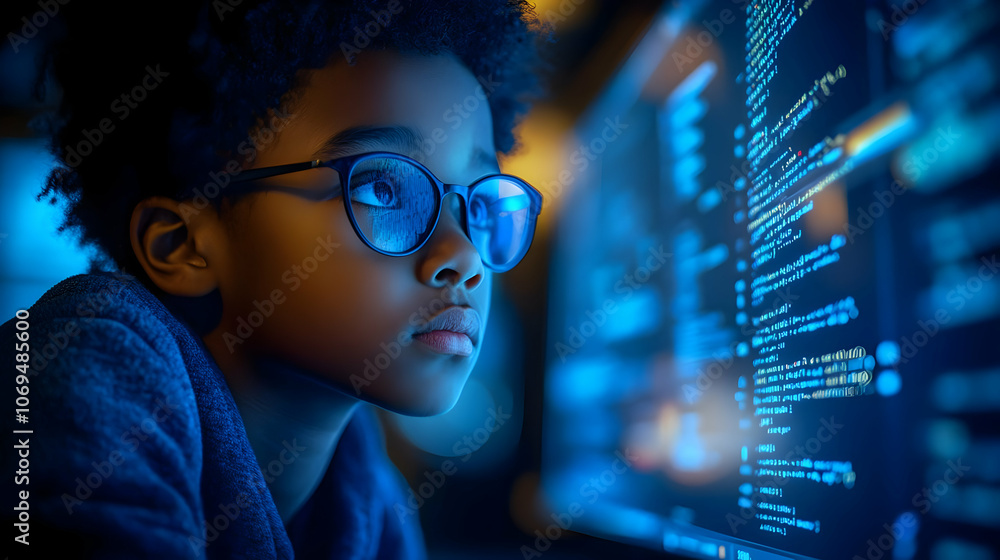 Poster child focused on computer screen - realistic image