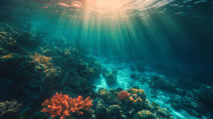 A breathtaking aerial shot of a sprawling coral reef, vibrant in color and detail, set against the deep blue ocean as sunlight softly illuminates the underwater scene.