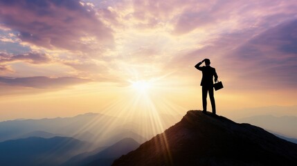 Businessman on Mountaintop at Sunset