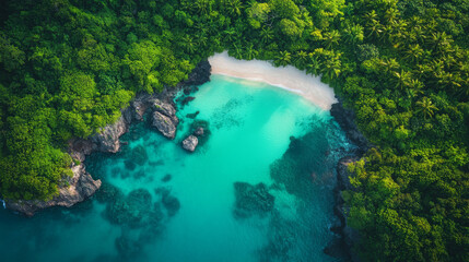 A bird-eye view of a peaceful lagoon with clear, shimmering waters, surrounded by white sand beaches and vibrant green vegetation.